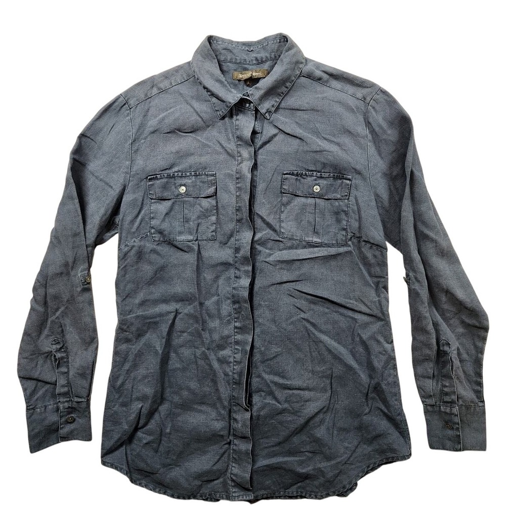 Tommy Bahama Linen Shirt Mens Small Navy Long Sleeve Pockets Hidden Buttons